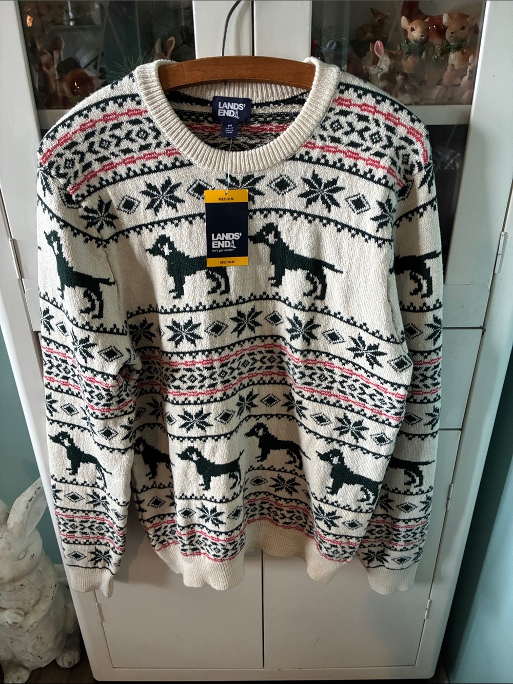 Lands' End sz M Men's Cream Fair Isle Holiday Dog Pattern Sweater nwt